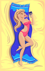 Girl model on the beach makes selfie. Vector