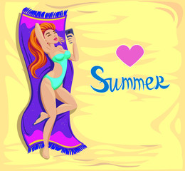 Girl model on the beach makes selfie. Vector