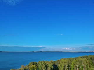 Aerial view of the lake and islands near Yunost sanatorium in Honoles, Minsk Region of Belarus