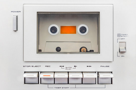 Close up of a vintage audio cassette player