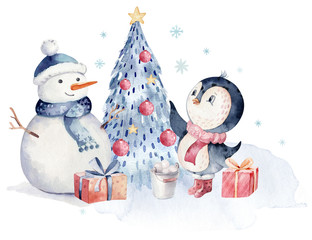 Watercolor merry christmas character penguin illustration. Winter cartoon isolated cute funny animal design card. Snow holiday season xmas penguins.