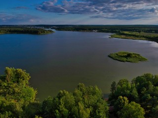 Aerial view of the lake and islands near Yunost sanatorium in Honoles, Minsk Region of Belarus