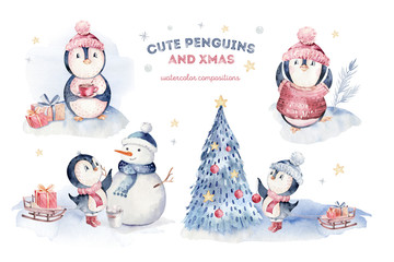 Watercolor merry christmas character penguin illustration. Winter cartoon isolated cute funny animal design card. Snow holiday season xmas penguins.
