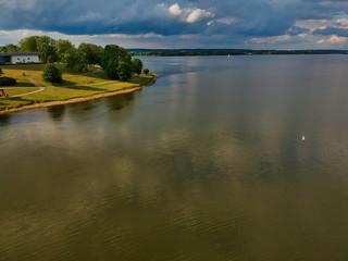 Aerial view of the lake and islands near Yunost sanatorium in Honoles, Minsk Region of Belarus