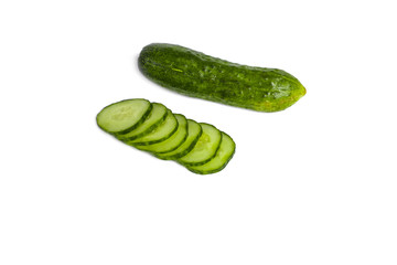 Fresh green cucumber isolated on white background. Sliced cucumber. Close up