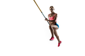 Power and beauty and purity. Professional female pole vaulter training on white studio background....