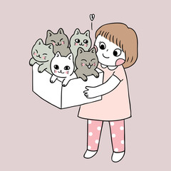 Cartoon cute girl and cat vector.