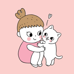Cartoon cute girl and cat vector.