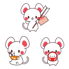 年賀状素材・子年・可愛いねずみ・破魔矢・達磨（だるま）・雑煮・縁起物・正月イラスト