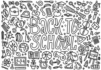 Cartoon cute doodles Back to School word. Black and white horizontal illustration. Background with lots of separate objects. Funny vector artwork. Concept of education with school supplies , lettering