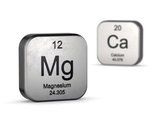 Magnesium and Calcium symbols from the periodic table - focus on magnesium. 3D render with depth of field blur