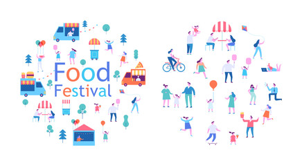 Summer food festival. Food street fair, family festival. People walking, riding bicycle, eating street food, have fun together. Flat vector poster and banner colorful design.