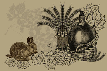 Vintage background with a bottle of wine, wheat ears, a rabbit and grapes. Vector illustration. - 277705434