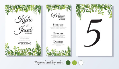 Wedding Invitation, menu card, table number, Floral design with green watercolor fern leaves, foliage greenery decorative frame print. Vector elegant cute rustic greeting, invite, postcard 