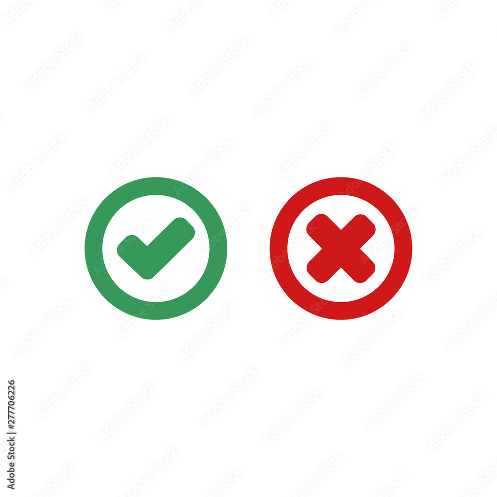 Fototapete green check mark and red cross icon symbol template black color editable vector sign isolated on whi