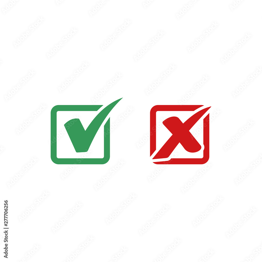 Leinwandbilder green check mark and red cross icon symbol template black color editable vector sign isolated on whi