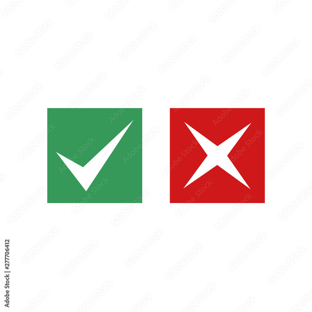 Leinwandbilder green check mark and red cross icon symbol template black color editable vector sign isolated on whi