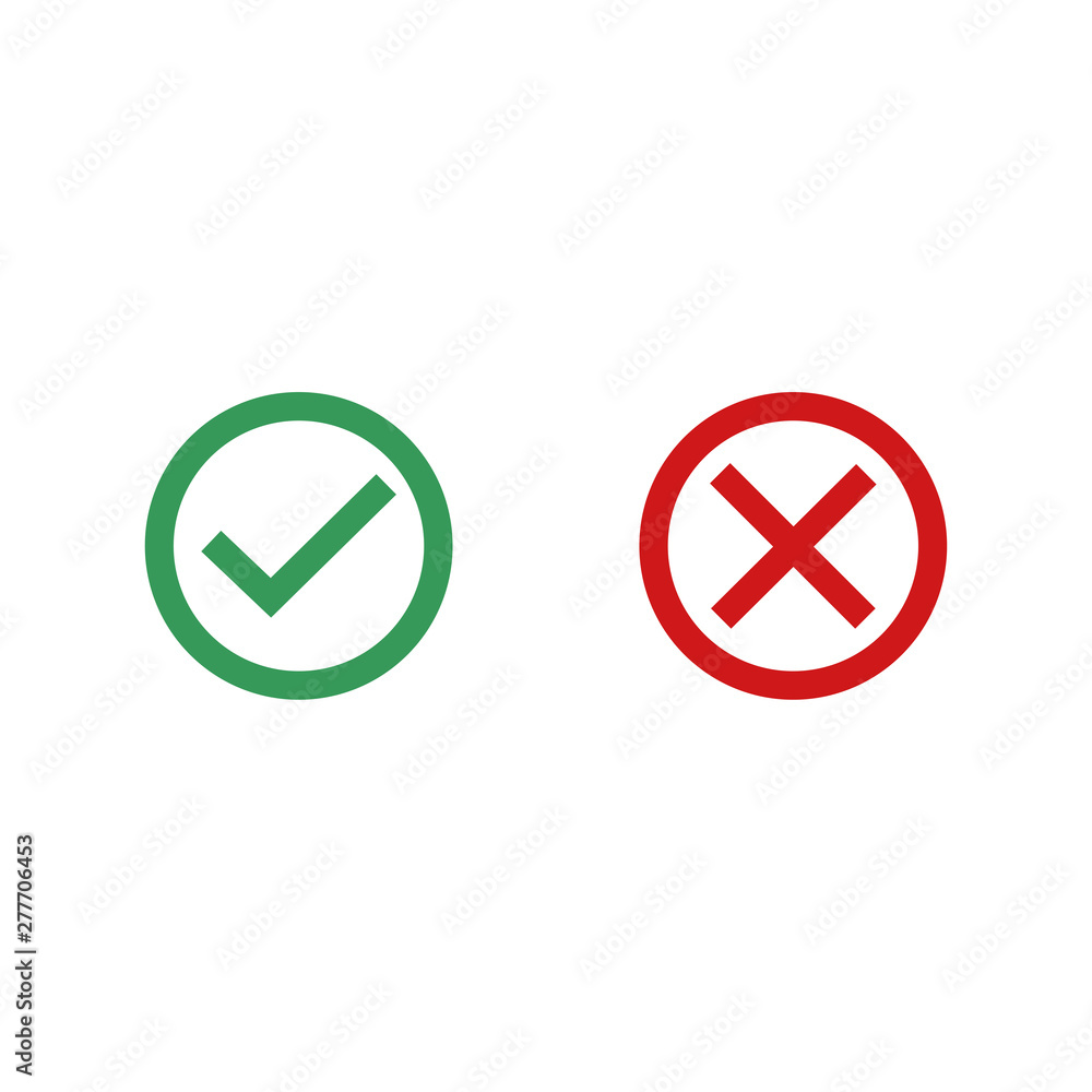 Leinwandbilder green check mark and red cross icon symbol template black color editable vector sign isolated on whi