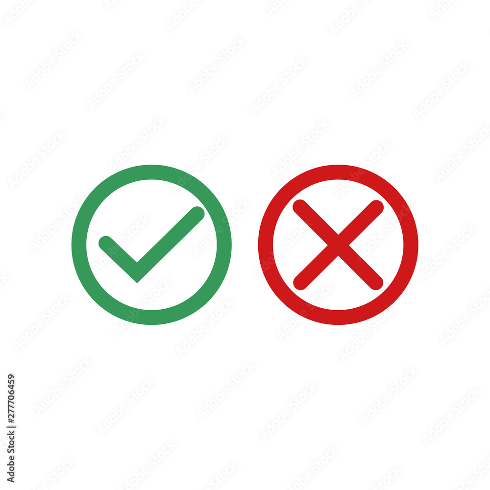 Leinwandbilder green check mark and red cross icon symbol template black color editable vector sign isolated on whi