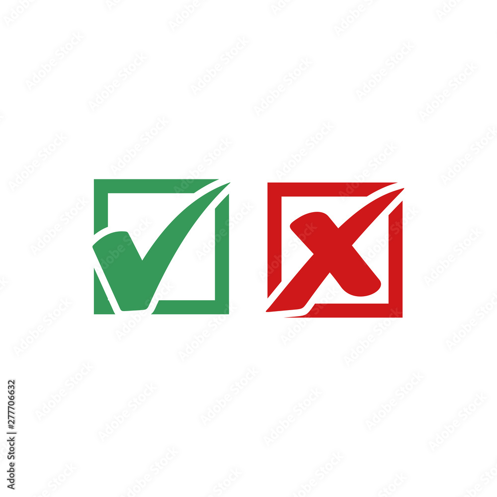Leinwandbilder green check mark and red cross icon symbol template black color editable vector sign isolated on whi