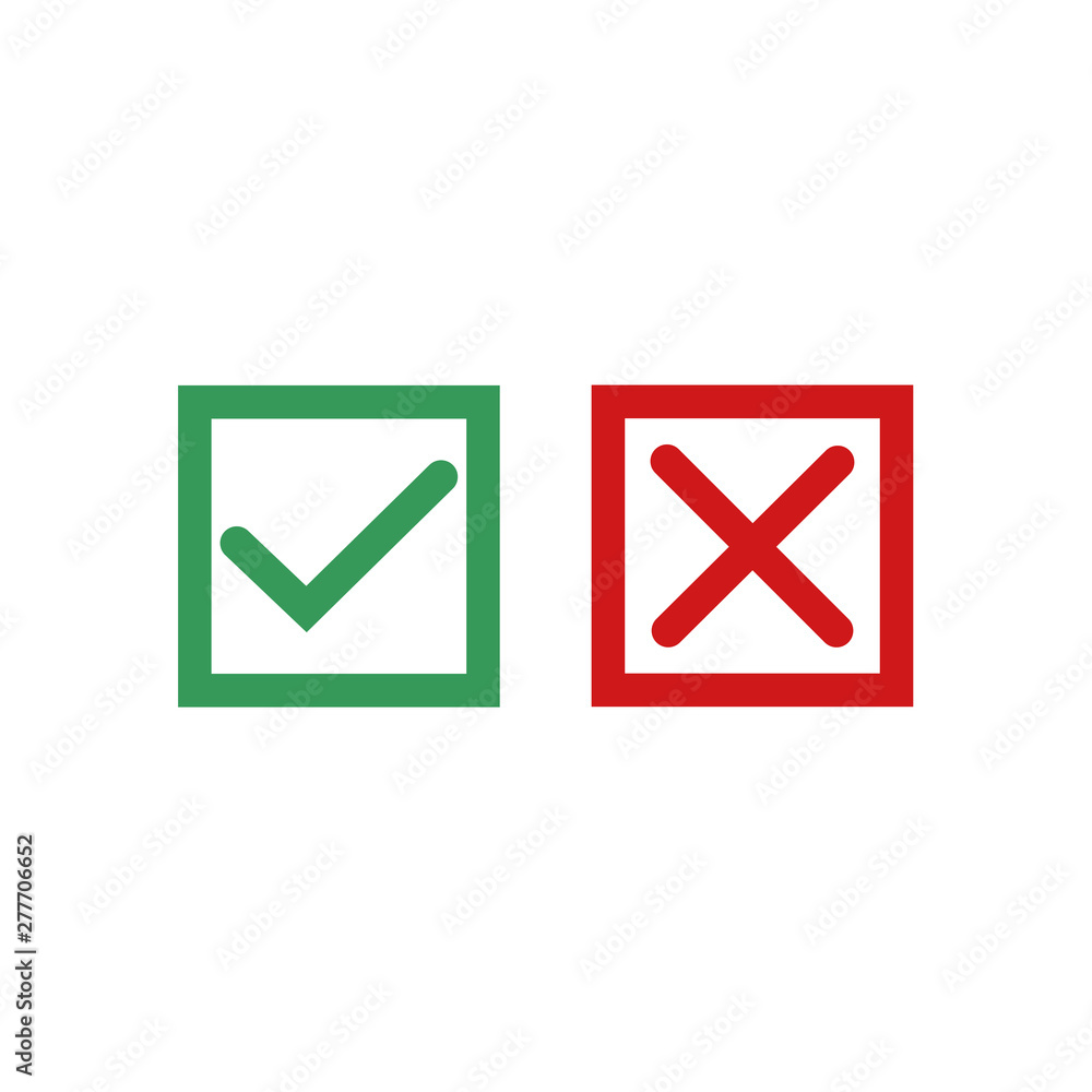 Leinwandbilder green check mark and red cross icon symbol template black color editable vector sign isolated on whi
