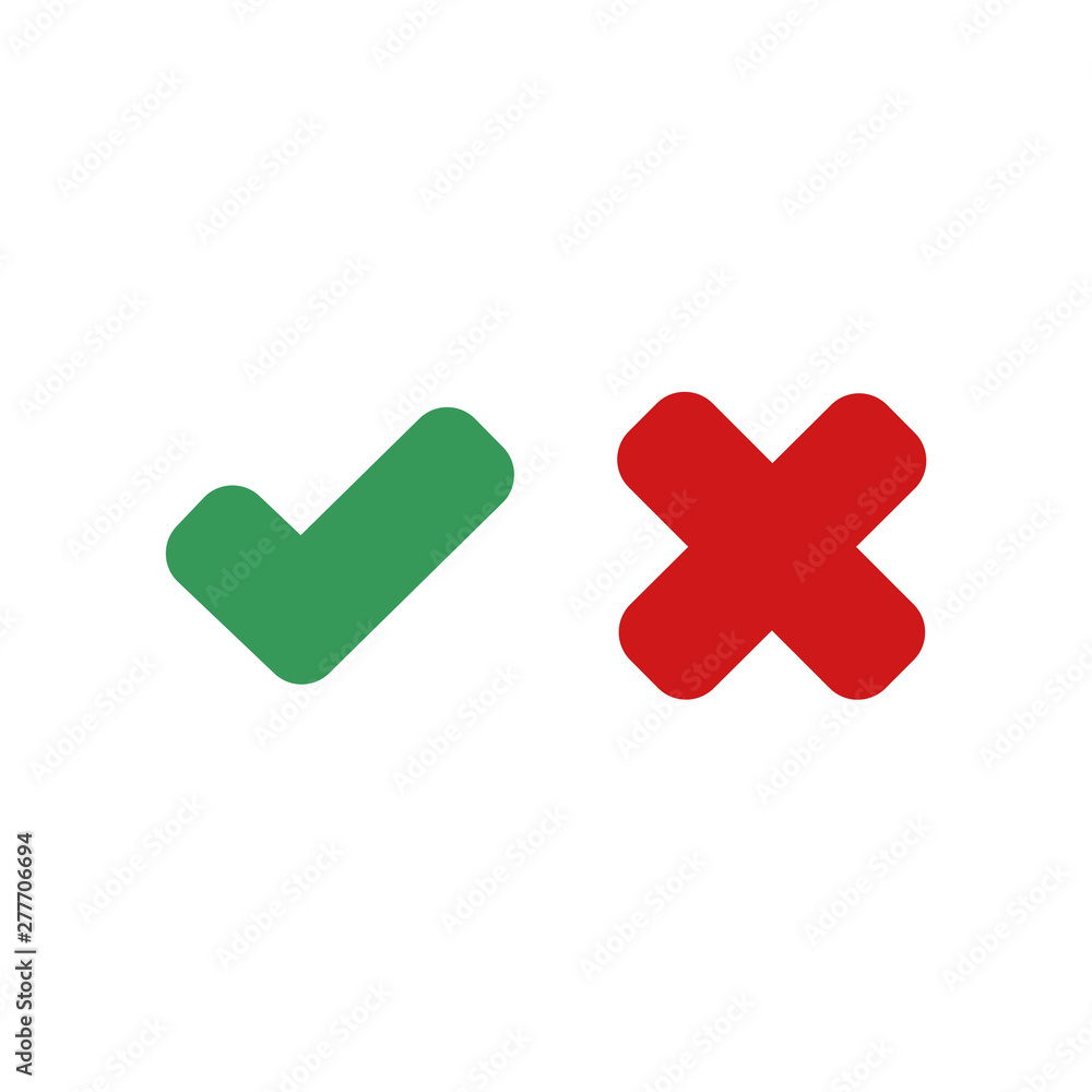 Fototapete Green check mark and red cross icon symbol template black color editable vector sign isolated on white background illustration for graphic and web design.