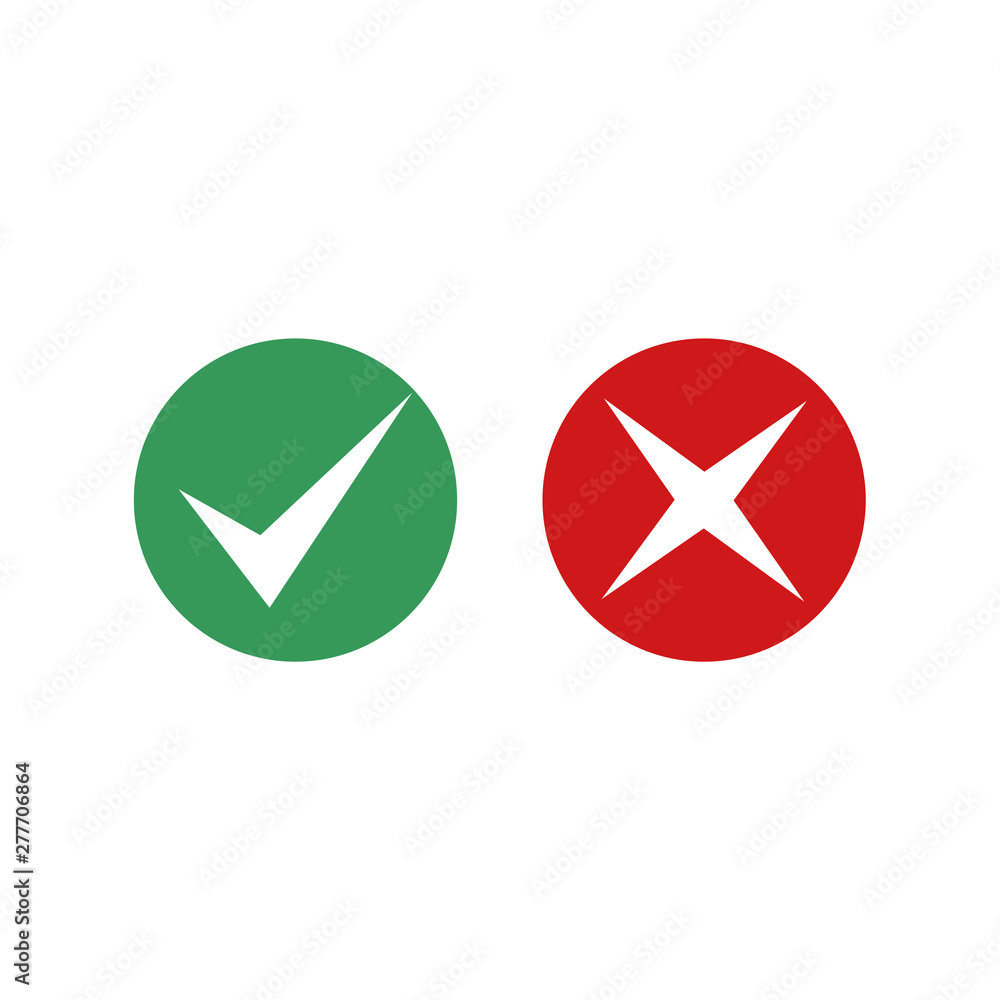 Leinwandbilder green check mark and red cross icon symbol template black color editable vector sign isolated on whi