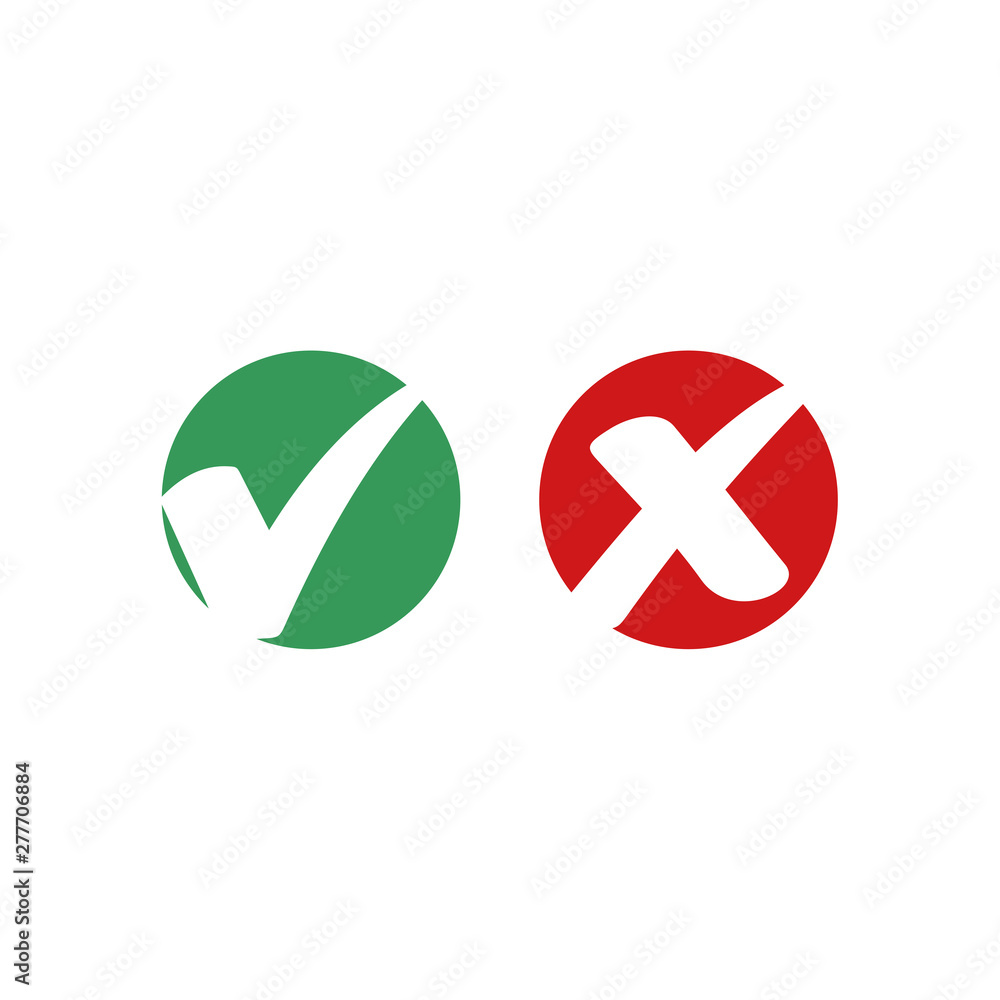 Fototapete green check mark and red cross icon symbol template black color editable vector sign isolated on whi