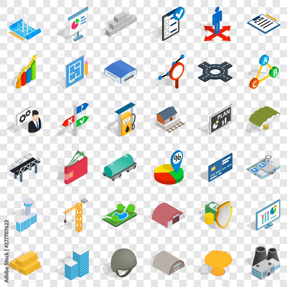 Poster gas station icons set. isometric style of 36 gas station vector icons for web for any design