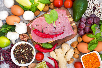 Healthy nutrition concept. Balanced healthy diet food background. Fresh organic vegetables, fruit, beans, meat, fish, dairy products. Top view. Cooking ingredients. Organic food. Clear eating. Healthy