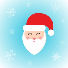 Vector icon of Santa Claus head in flat style on winter background. Festive Xmas illustration with snowflakes for design, posters, card, invitations, gift, greeting card. Christmas decoration.