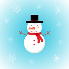 Vector icon of Christmas snowman in flat style on winter background. Festive Xmas illustration with snowflakes for design, posters, card, invitations, gift, greeting card. Christmas decoration.