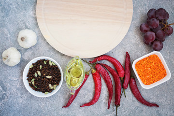 Healthy nutrition concept. Balanced healthy organic diet food. Fresh vegetables, fruit, beans, meat, fish, dairy products. Space for text. Top view. Cooking ingredients.  Clear eating. Copy space.