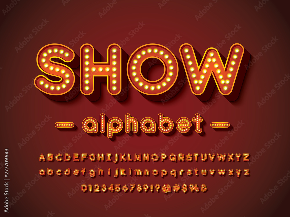 Poster light bulb style alphabet design with uppercase, lowercase, numbers and symbols