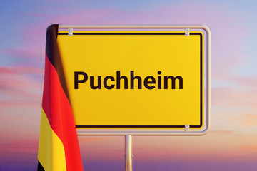 Puchheim. Gelbes Schild/Ortsschild. Flagge von Deutschland hängt darüber. Himmel mit Sonnenuntergang oder Sonnenaufgang © MQ-Illustrations