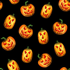 Halloween pumpkin seamless pattern. Watercolor illustration.