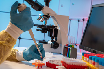scientific experiment in microbiology laboratory. pipetting genetic materials