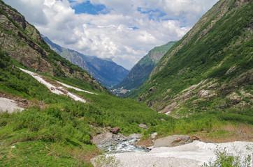 Dombay. Trek to Sofrudzhu Falls. Nature and travel. Russia, North Caucasus, Karachay-Cherkessia