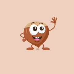 Illustration of cute happy hazelnut mascot greeting someone with big smile isolated on light background. Flat design style for your mascot branding.