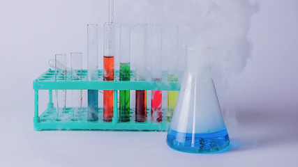 laboratory research. Many flasks and laboratory equipment.