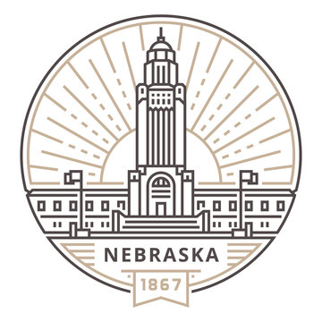 Linear Nebraska State Capitol against the background of the sun in the form of an emblem