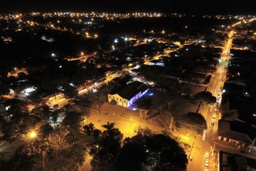 Night aerial view of Chapada dos Guimarães, Mato Grosso, Brazil. Great landscape. Travel destination. Vacation travel. Historic center of the city.
