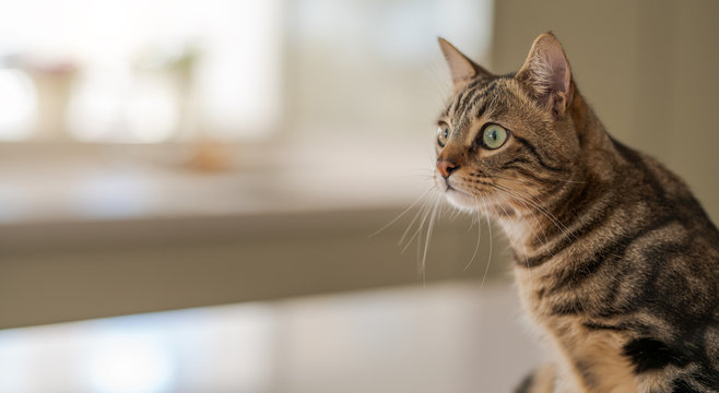 Beautiful short hair cat sitting on white table at home
