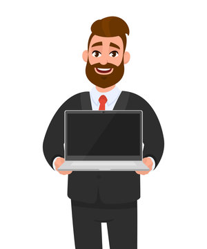 Young business man in formal wear (suit) holding or showing the blank screen of a laptop computer in hands. Modern lifestyle, digital technology device, gadget concept illustration in cartoon style.