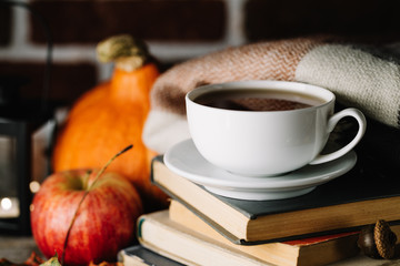 Mug on stack of books in autumn