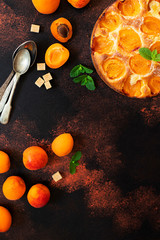 Summer apricot pie homemade delicious fruit dessert. Apricot tart. Fruit pie. Dark rustic background. Top view. Copy space