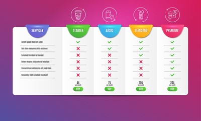 Ice tea, Hold smartphone and Water glass icons simple set. Comparison table. New sign. Soda beverage, Phone call, Soda drink. Discount. Business set. Pricing plan. Compare products. Vector