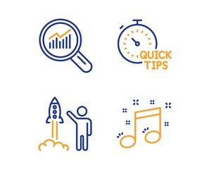 Launch project, Data analysis and Quick tips icons simple set. Musical note sign. Business innovation, Magnifying glass, Helpful tricks. Music. Business set. Linear launch project icon. Vector