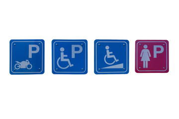 Signs for motorbike parking, disabled cars, slope signs and women bathroom signs on the White Background.