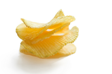 Ribbed potato chips collection isolated on white background. Potato chips, unhealthy eatting.